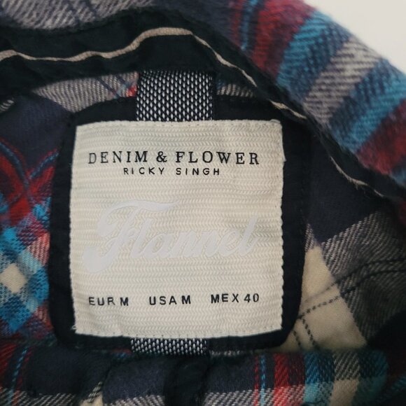 Denim & Flower Flannel Shirt Women's sz M Red White Blue Plaid Button Down Shirt - Picture 4 of 7